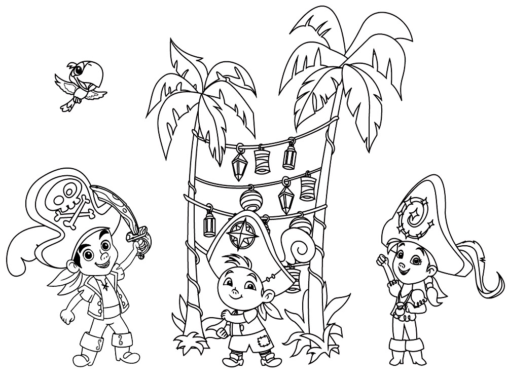 Команда пиратов ищет клады. Детские раскраски с пиратами.