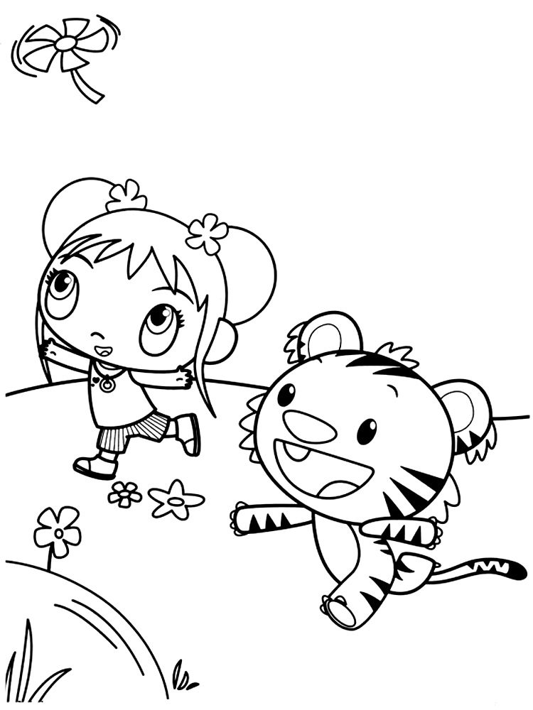 Девочка играет с тигренком. Детские раскраски с Кай-Лан.