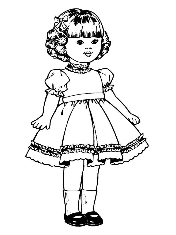 Милая куколка в нарядном платье. Детские раскраски предлагаем распечатать на принтере.