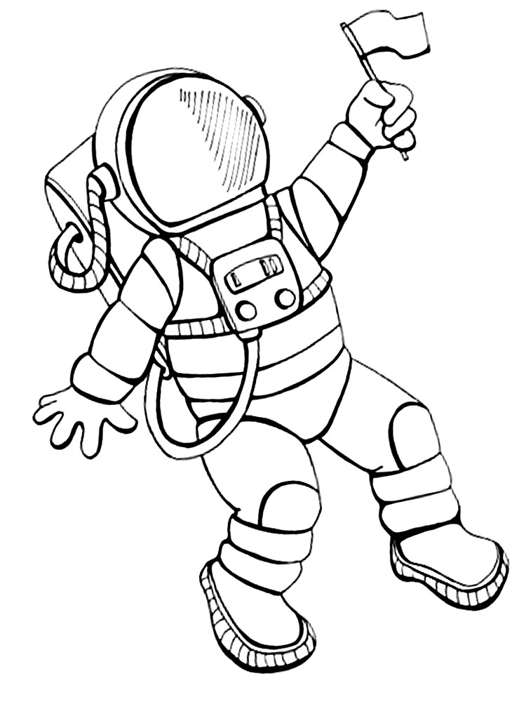 Космонавт машет вам флажком. Детские раскраски с космонавтами.