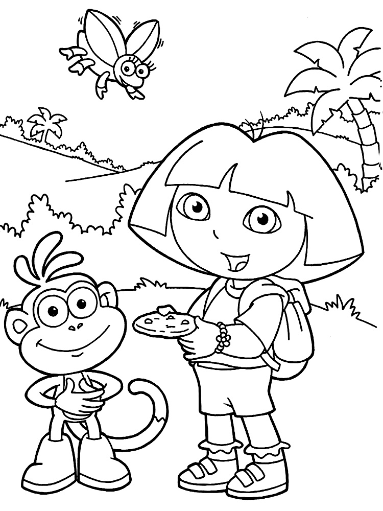 Добрая девочка кормит обезьянку. Раскраски для детей с Дашей.