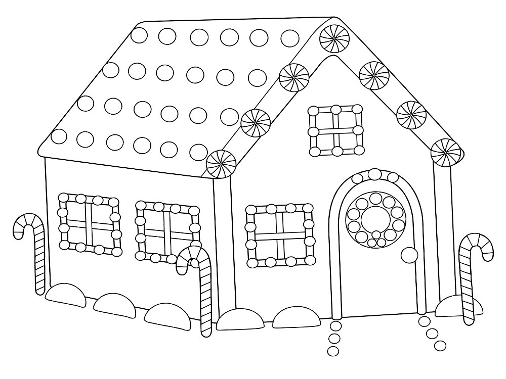 Пряничный домик в круглых леденцах. Детские раскраски с пряничными домиками.