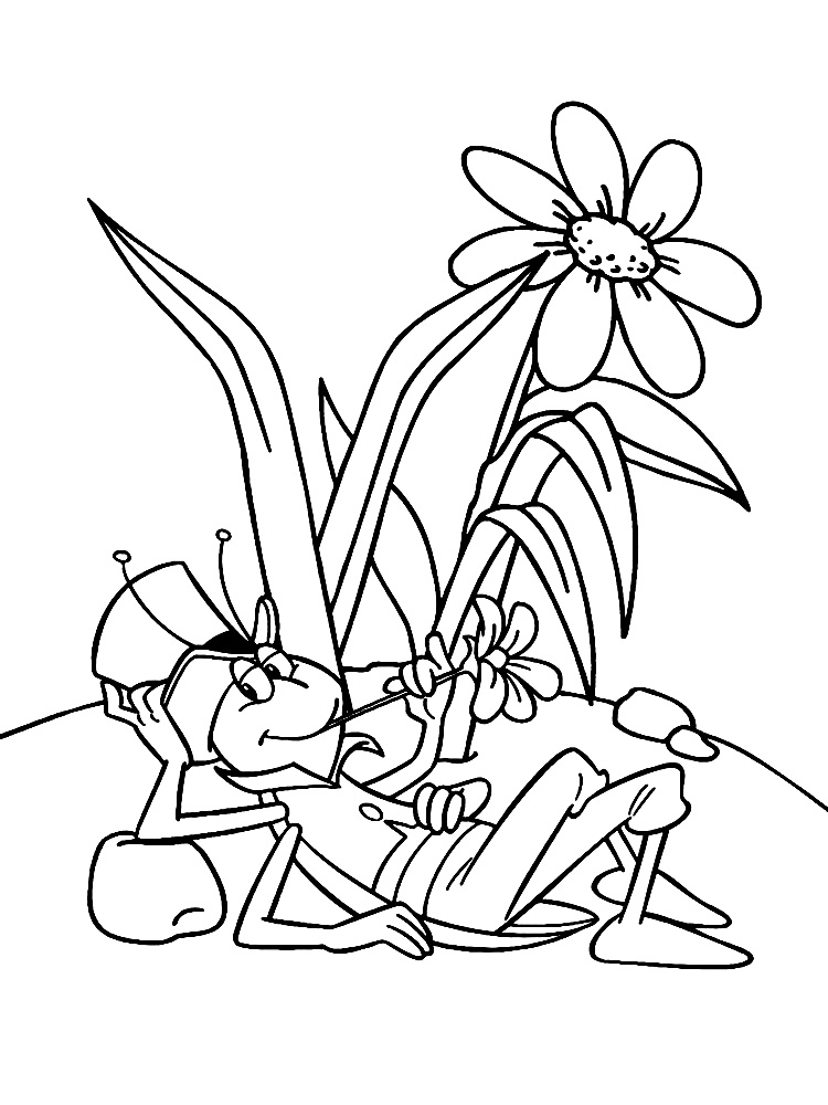 Кузнечик отдыхает. Раскраски для детей с пчелкой Майей.