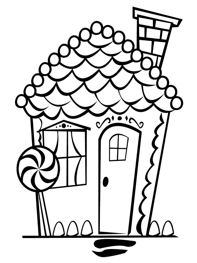 Пряничный домик с трубой. Раскраски для детей с пряничными домиками.