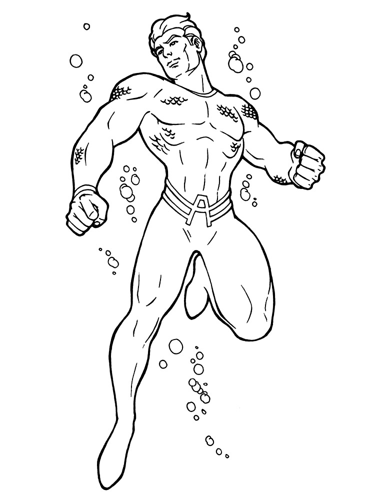 Аквамен очень любит плавать в морской воде. Раскраски для мальчиков и девочек с Акваменом.
