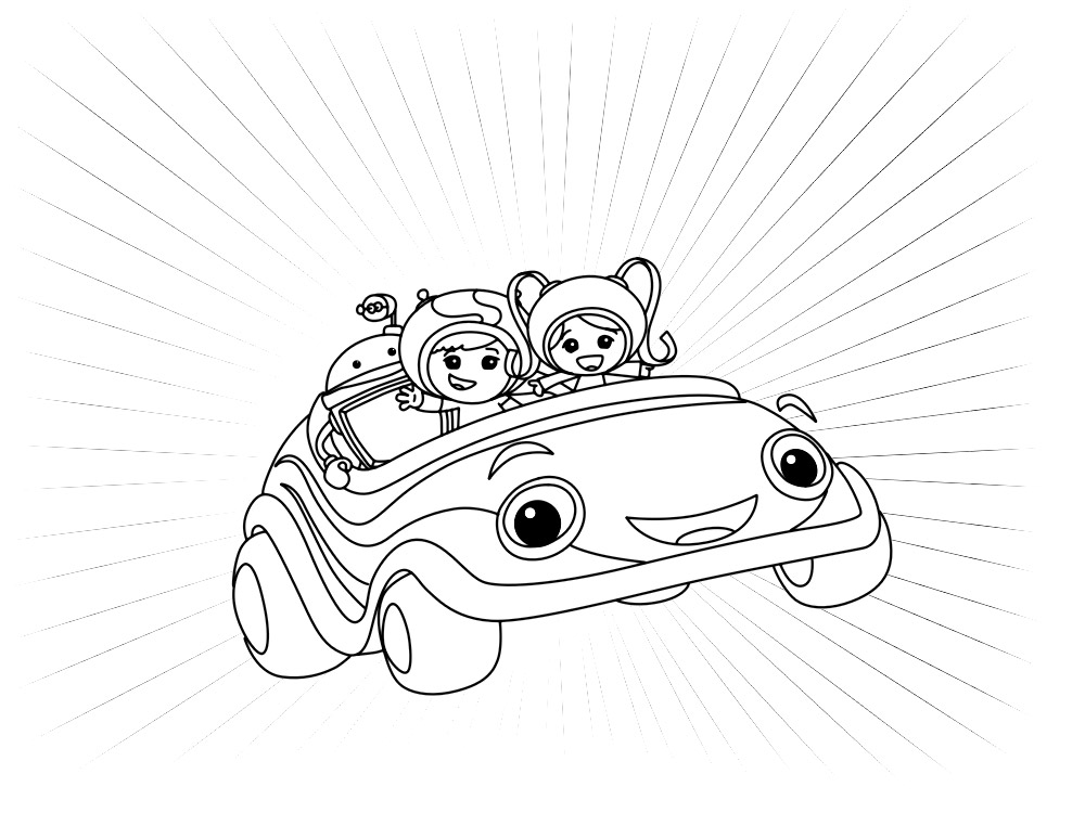 Послушный автомобиль катает друзей. Детские раскраски с командой Умизуми.