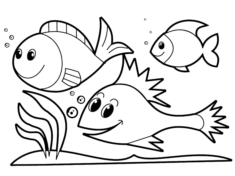 Милые рыбки играют и резвятся в воде. Детские раскраски для детей с морскими обитателями.
