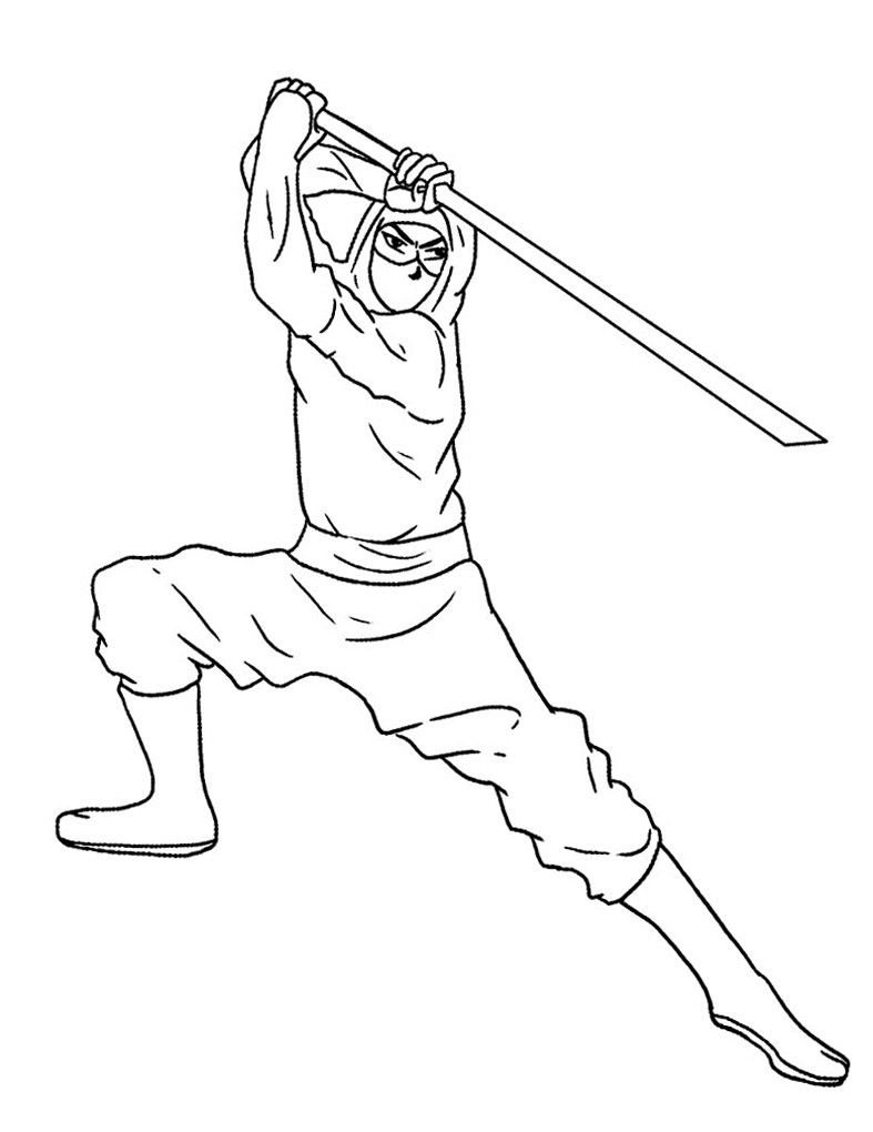 Ниндзя с острым кинжалом защищается от врагов. Раскраски для детей с ниндзя.