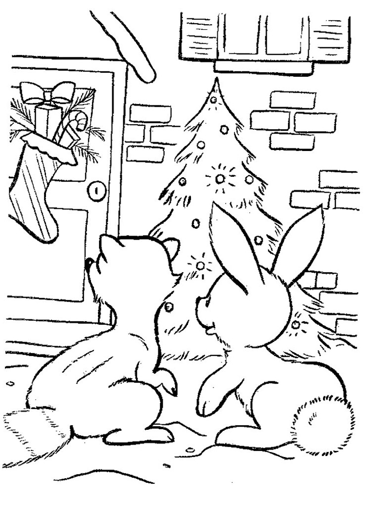 Зайчонок и лисенок пришли к елочке. Детские раскраски к Новому году.