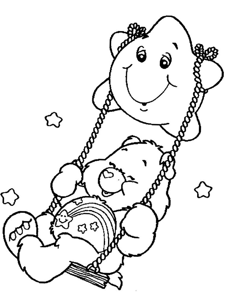 Милый медвежонок катается на качелях. Детские раскраски с мишками.