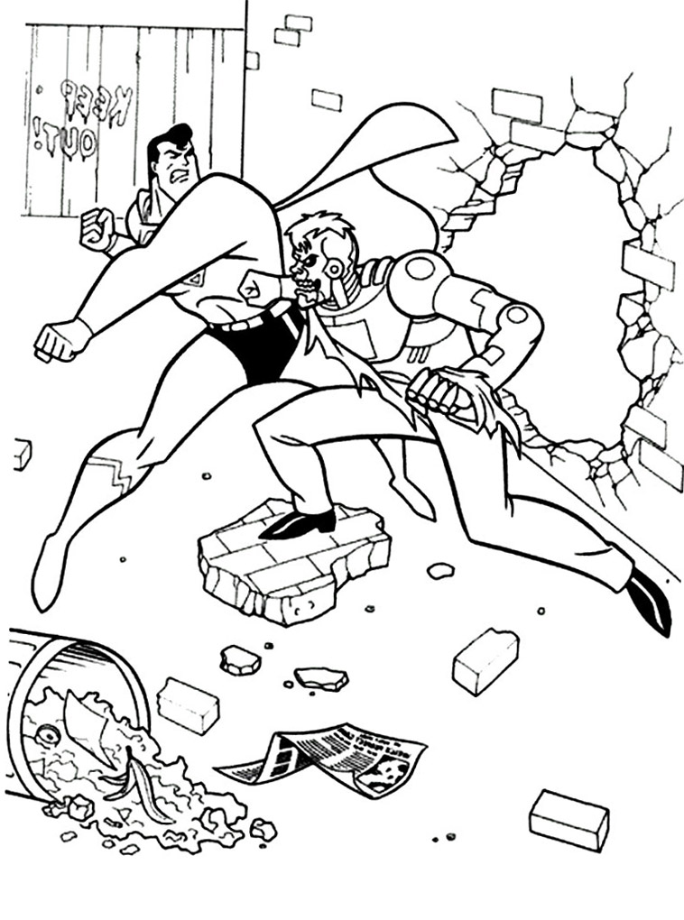 Смелый супермен борется с преступником. Детские раскраски с суперменом.